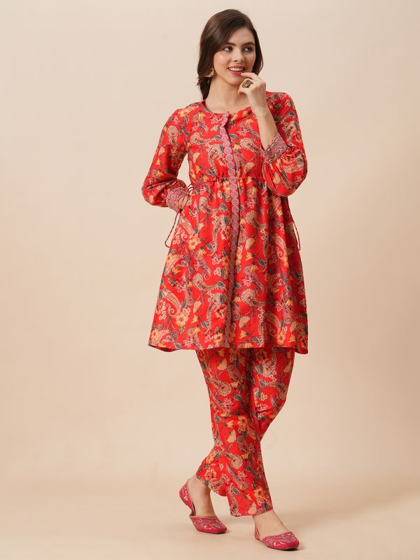 Globus Women Red Round Neck Floral Print Drawstring Detail Tunic With Fully Elasticated Mid-Rise Narrow Pants Fusion Co-Ord Set