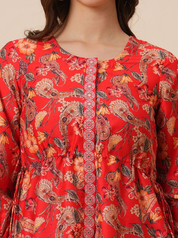 Globus Women Red Round Neck Floral Print Drawstring Detail Tunic With Fully Elasticated Mid-Rise Narrow Pants Fusion Co-Ord Set