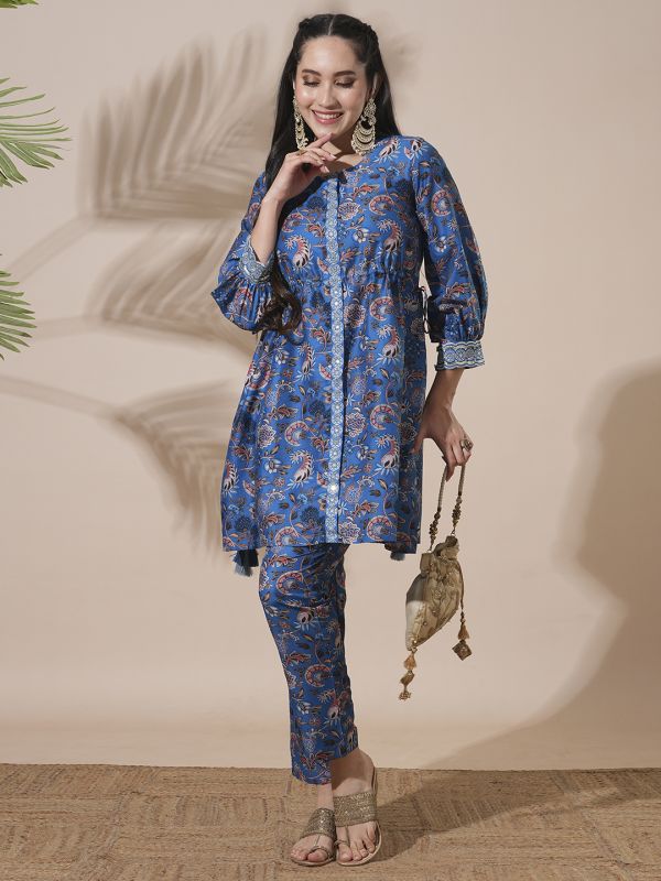 Globus Women Blue Round Neck Floral Print Drawstring Detail Tunic With Mid-Rise Narrow Pants Fusion Co-Ord Set