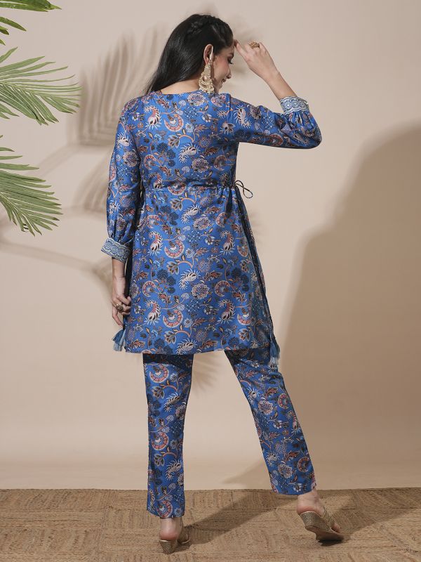 Globus Women Blue Round Neck Floral Print Drawstring Detail Tunic With Mid-Rise Narrow Pants Fusion Co-Ord Set