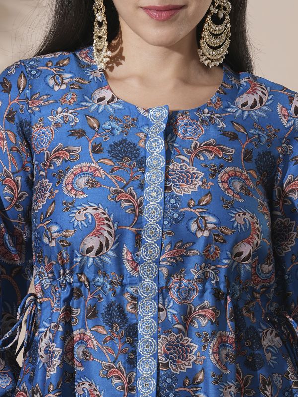 Globus Women Blue Round Neck Floral Print Drawstring Detail Tunic With Mid-Rise Narrow Pants Fusion Co-Ord Set