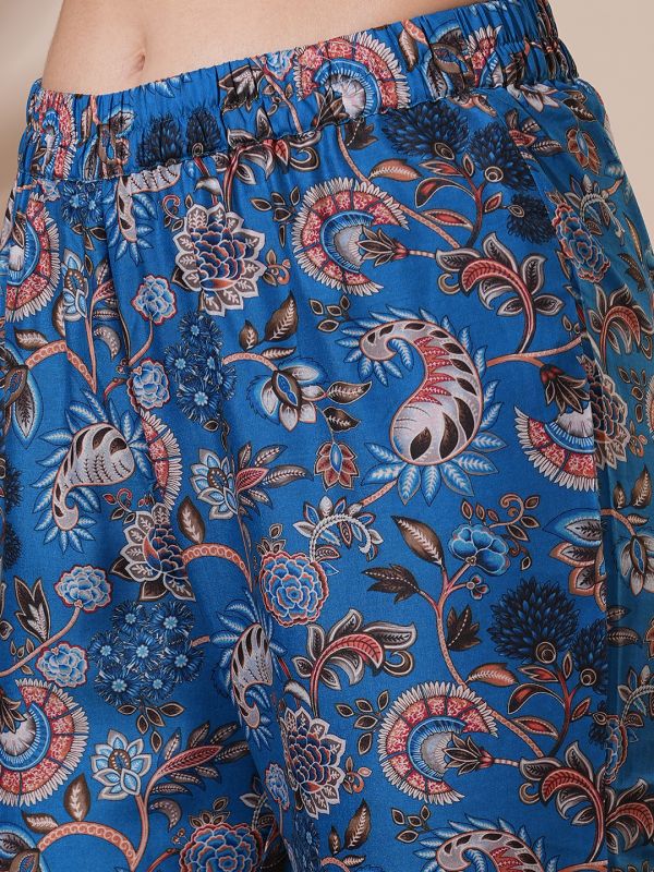 Globus Women Blue Round Neck Floral Print Drawstring Detail Tunic With Mid-Rise Narrow Pants Fusion Co-Ord Set