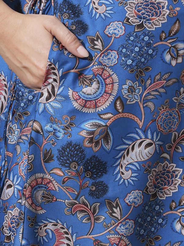 Globus Women Blue Round Neck Floral Print Drawstring Detail Tunic With Mid-Rise Narrow Pants Fusion Co-Ord Set
