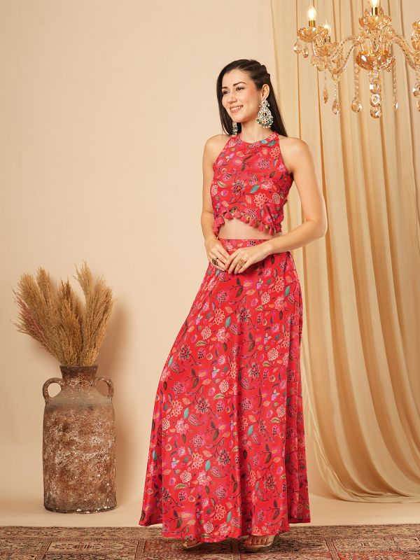Globus Women Red Floral Printed Halter Neck Tassel Detailing Crop Top & Partially Elasticated Flared Maxi Fusion Co-Ord Set