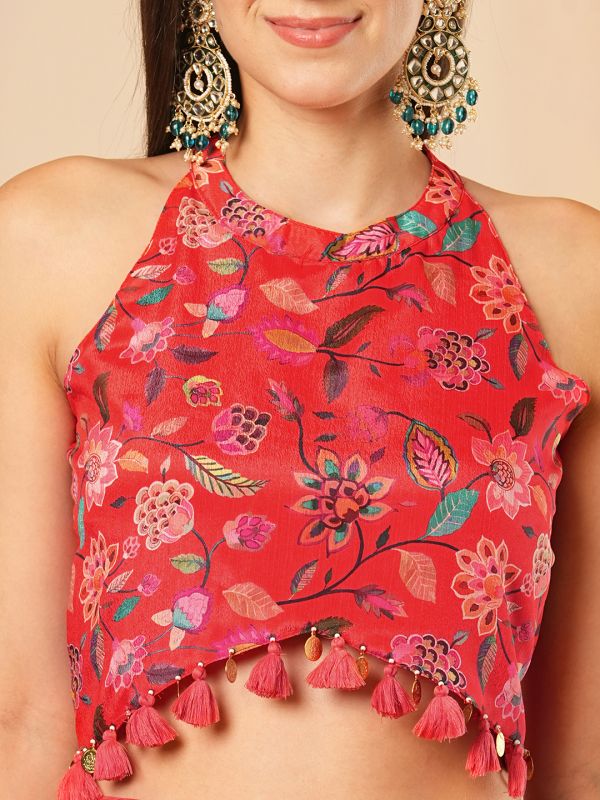 Globus Women Red Floral Printed Halter Neck Tassel Detailing Crop Top & Partially Elasticated Flared Maxi Fusion Co-Ord Set
