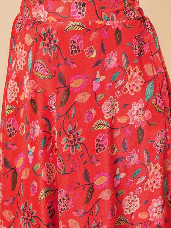 Globus Women Red Floral Printed Halter Neck Tassel Detailing Crop Top & Partially Elasticated Flared Maxi Fusion Co-Ord Set