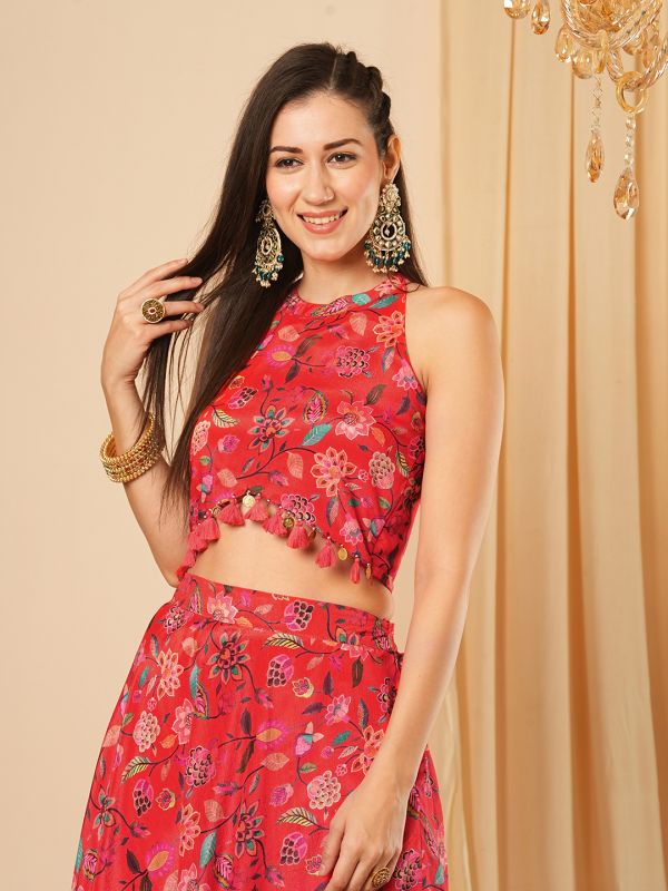 Globus Women Red Floral Printed Halter Neck Tassel Detailing Crop Top & Partially Elasticated Flared Maxi Fusion Co-Ord Set