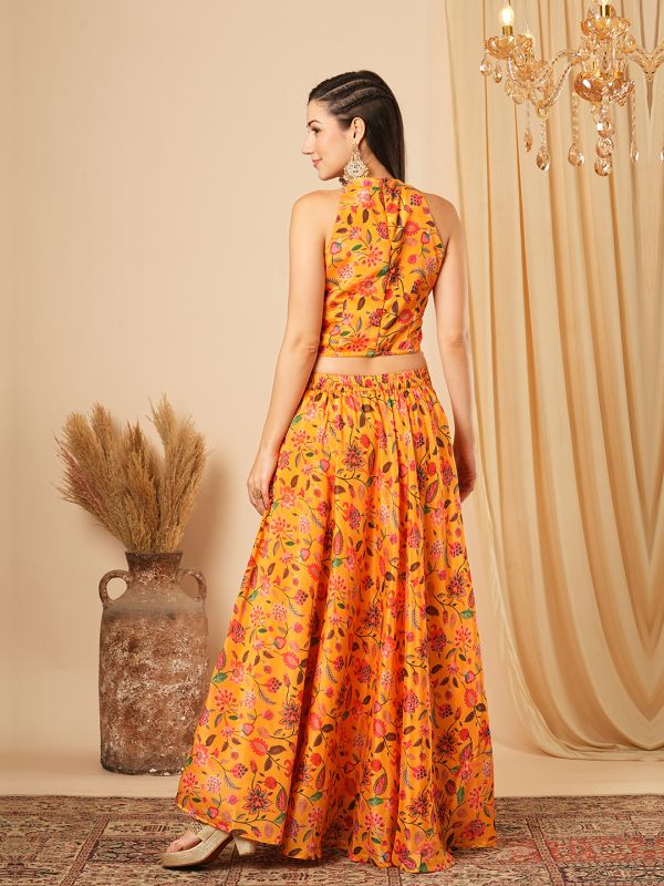 Globus Women Yellow Floral Printed Halter Neck Tassel Detailing Crop Top & Partially Elasticated Flared Maxi Fusion Co-Ord Set