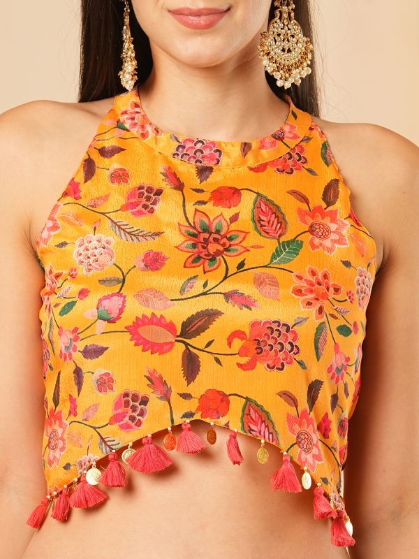 Globus Women Yellow Floral Printed Halter Neck Tassel Detailing Crop Top & Partially Elasticated Flared Maxi Fusion Co-Ord Set
