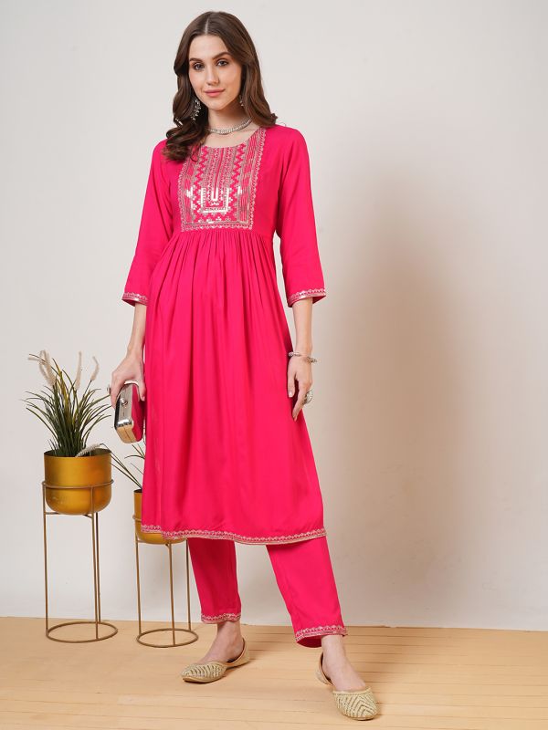 Globus Women Pink Zari & Sequinned Yoke Gathered A-Line Kurta With Straight Pant Festive Set