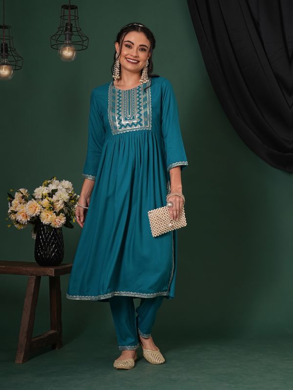 Globus Women Teal Zari & Sequinned Yoke Gathered A-Line Kurta With Straight Pants Festive Set