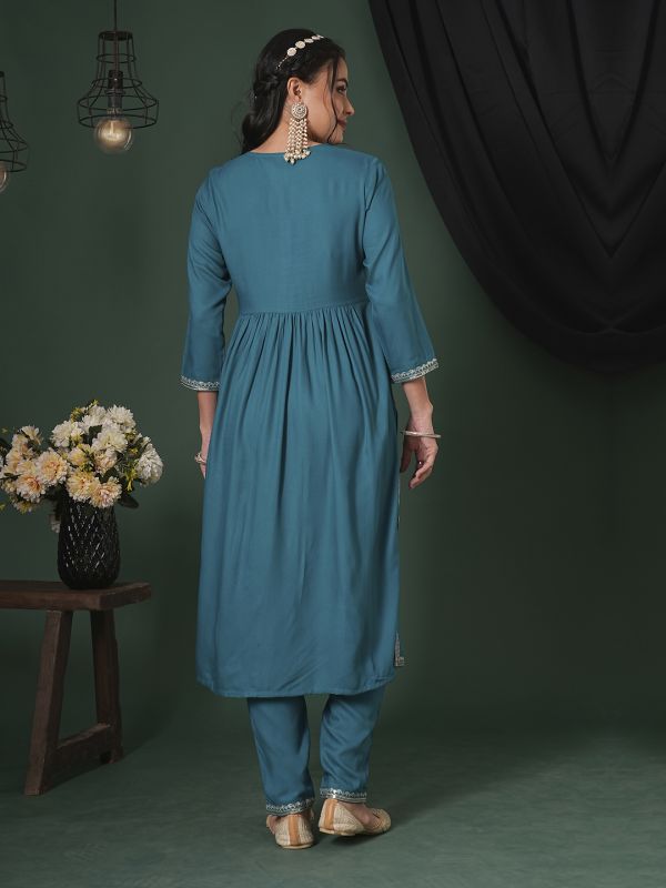 Globus Women Teal Zari & Sequinned Yoke Gathered A-Line Kurta With Straight Pants Festive Set