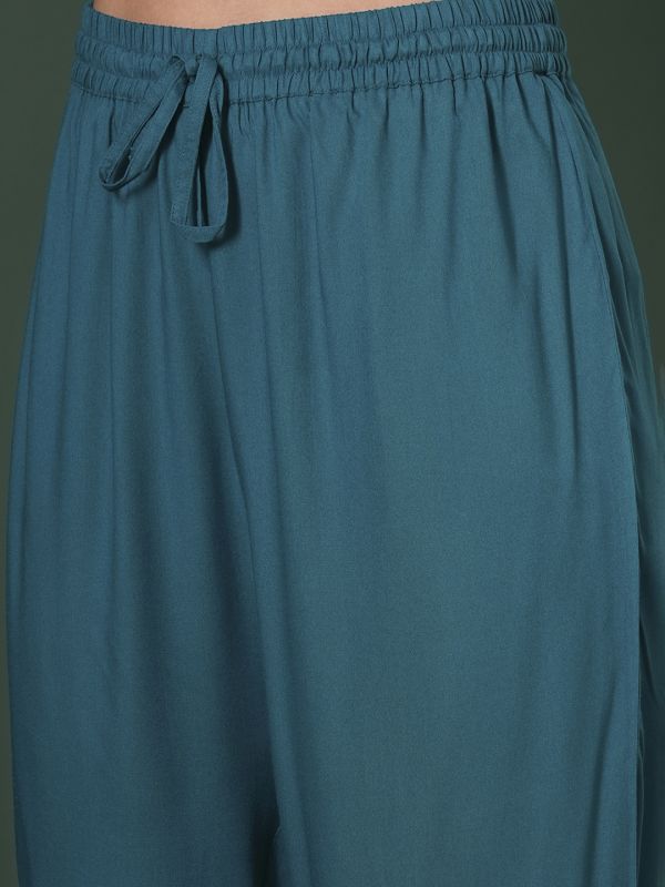 Globus Women Teal Zari & Sequinned Yoke Gathered A-Line Kurta With Straight Pants Festive Set