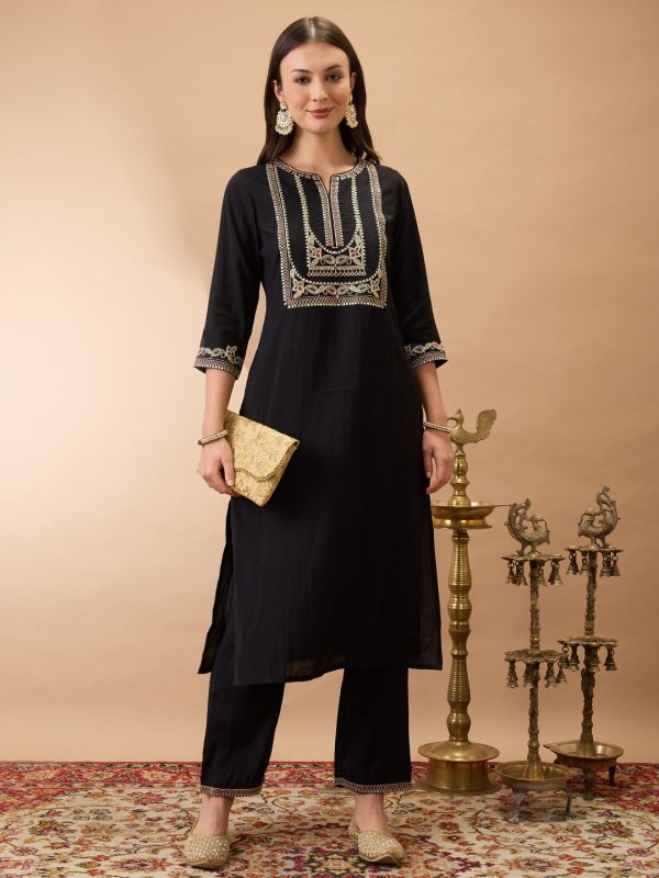 Globus Women Black Round Neck Zari Embroidered Yoke Straight Kurta With Pant Festive Set