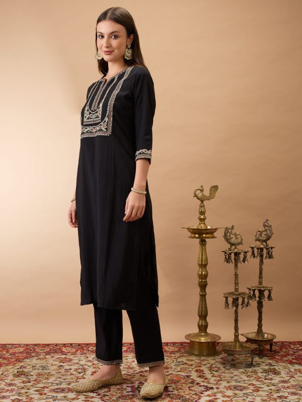 Globus Women Black Round Neck Zari Embroidered Yoke Straight Kurta With Pant Festive Set