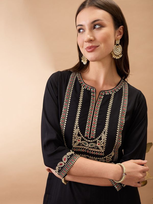 Globus Women Black Round Neck Zari Embroidered Yoke Straight Kurta With Pant Festive Set