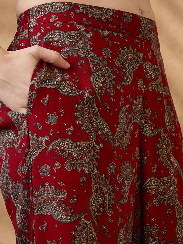 Globus Women Maroon Round Neck Crop Top With Pants & Embroidered Gathered Tie-Up Shrug Fusion Co-Ord Set
