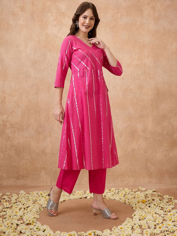 Globus Women Pink Woven Design Lurex Detail V-Neck Angrakha Style Kurta & Pants Festive Set