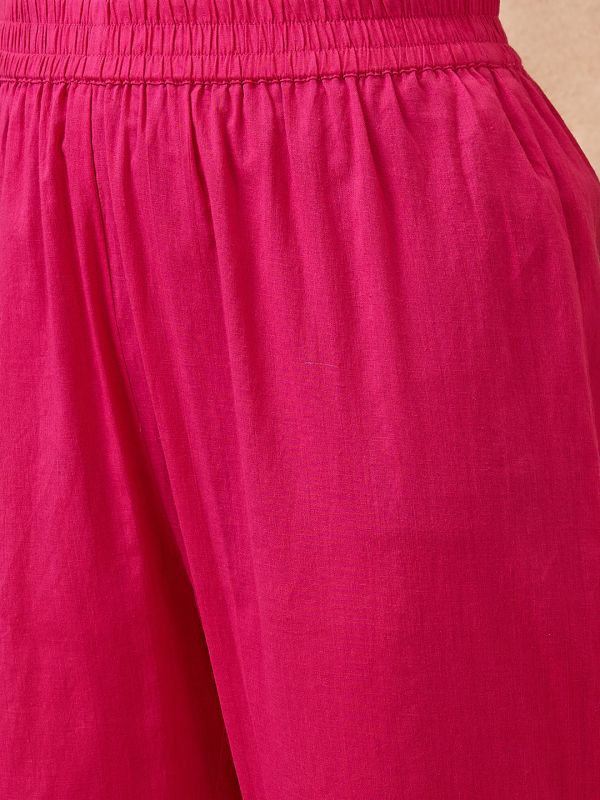 Globus Women Pink Woven Design Lurex Detail V-Neck Angrakha Style Kurta & Pants Festive Set