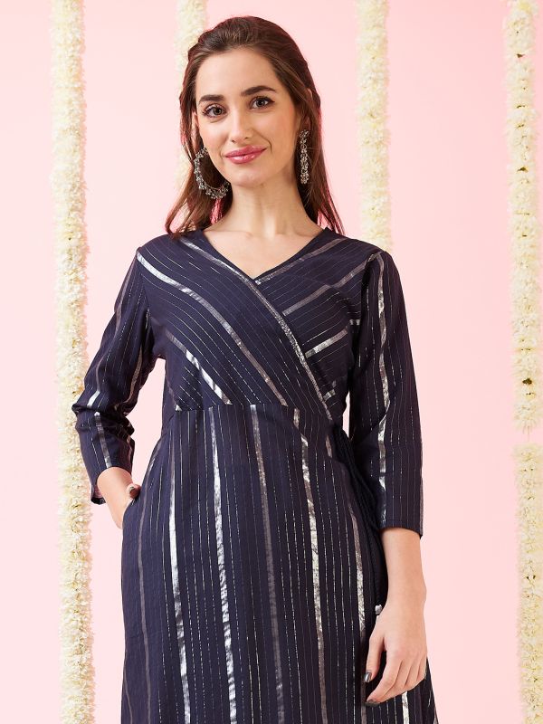 Globus Women Blue Woven Design V-Neck Drawstring Tassel Detail A-Line Kurta & Pants Festive Set