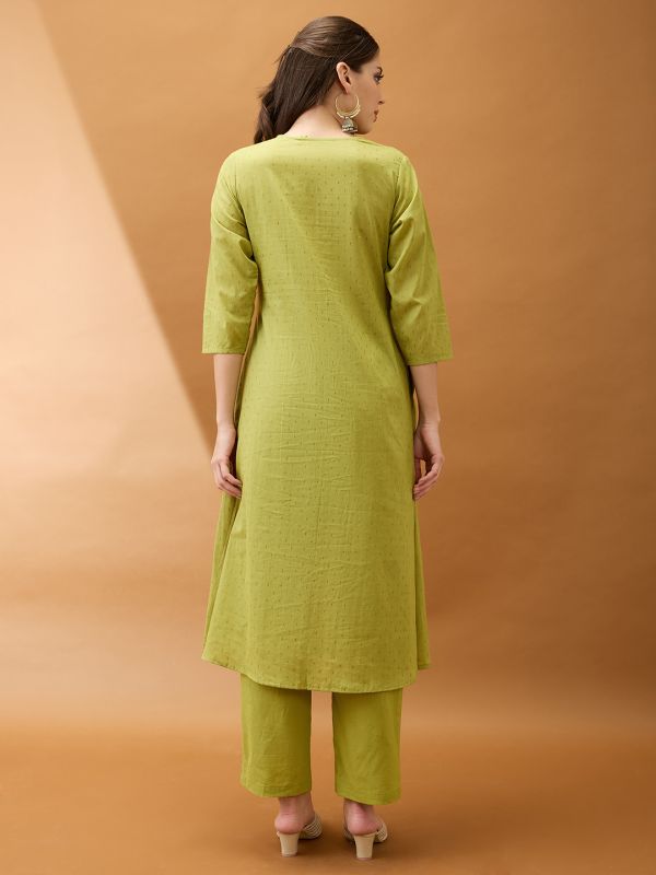Globus Women Green Keyhole Neck Zari Embroidered Yoke Woven Design Pleated A-Line Kurta With Pants Festive Set