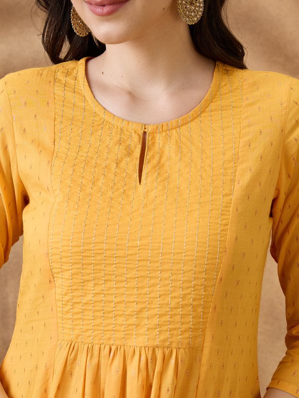 Globus Women Yellow Keyhole Neck Zari Embroidered Yoke Woven Design Pleated A-Line Kurta With Pants Festive Set