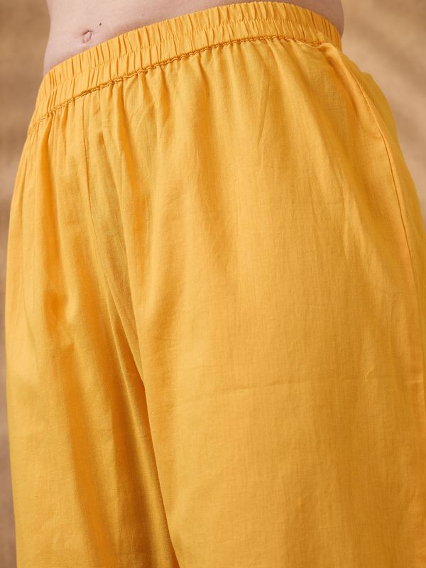 Globus Women Yellow Keyhole Neck Zari Embroidered Yoke Woven Design Pleated A-Line Kurta With Pants Festive Set