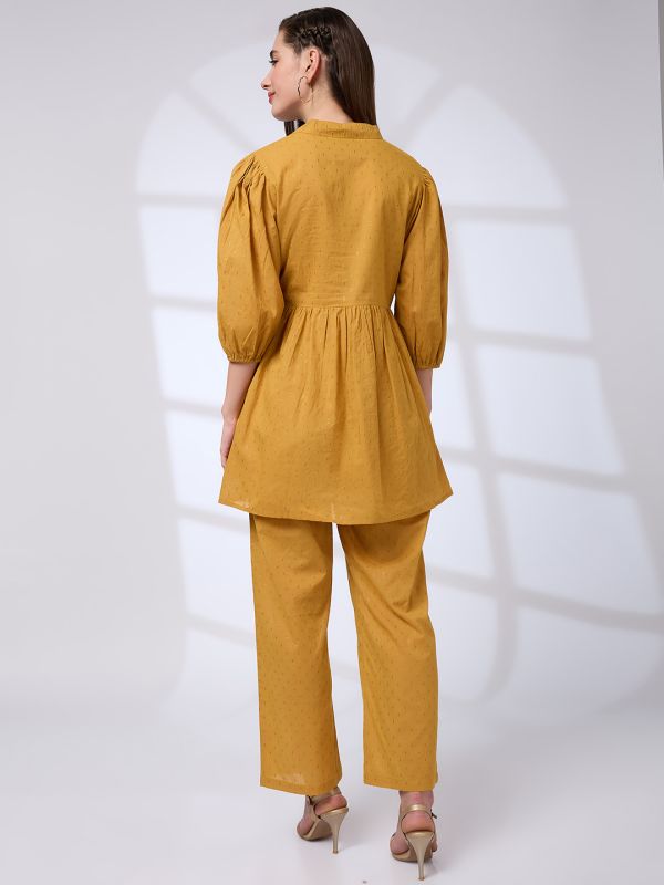 Globus Women Yellow V-Neck Bishop Sleeves Lurex Detail Pattern Tunic With Straight Pants Workwear Co-Ords Set