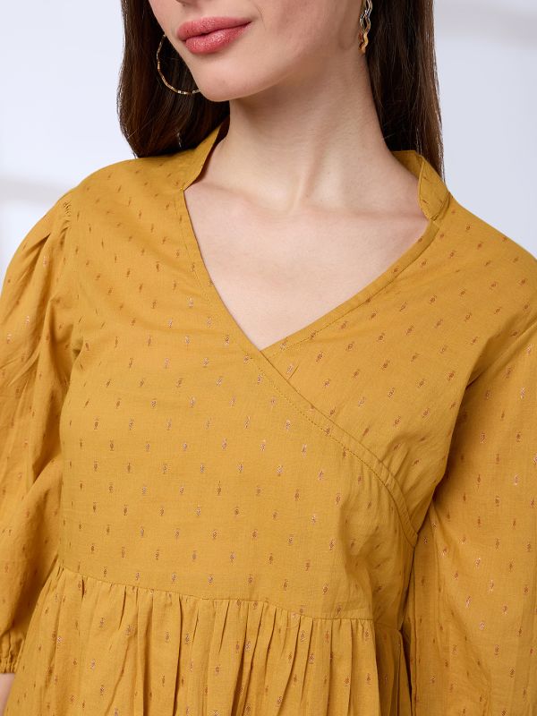 Globus Women Yellow V-Neck Bishop Sleeves Lurex Detail Pattern Tunic With Straight Pants Workwear Co-Ords Set