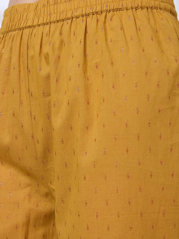 Globus Women Yellow V-Neck Bishop Sleeves Lurex Detail Pattern Tunic With Straight Pants Workwear Co-Ords Set