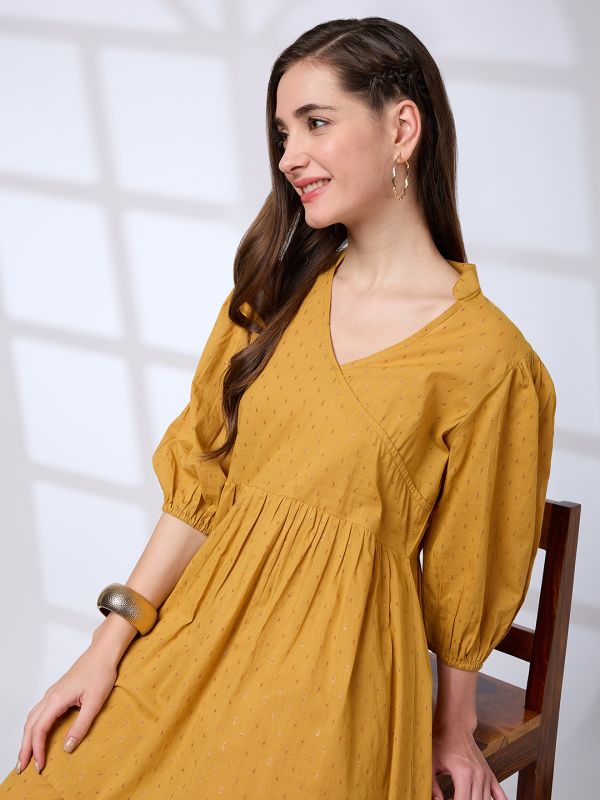 Globus Women Yellow V-Neck Bishop Sleeves Lurex Detail Pattern Tunic With Straight Pants Workwear Co-Ords Set