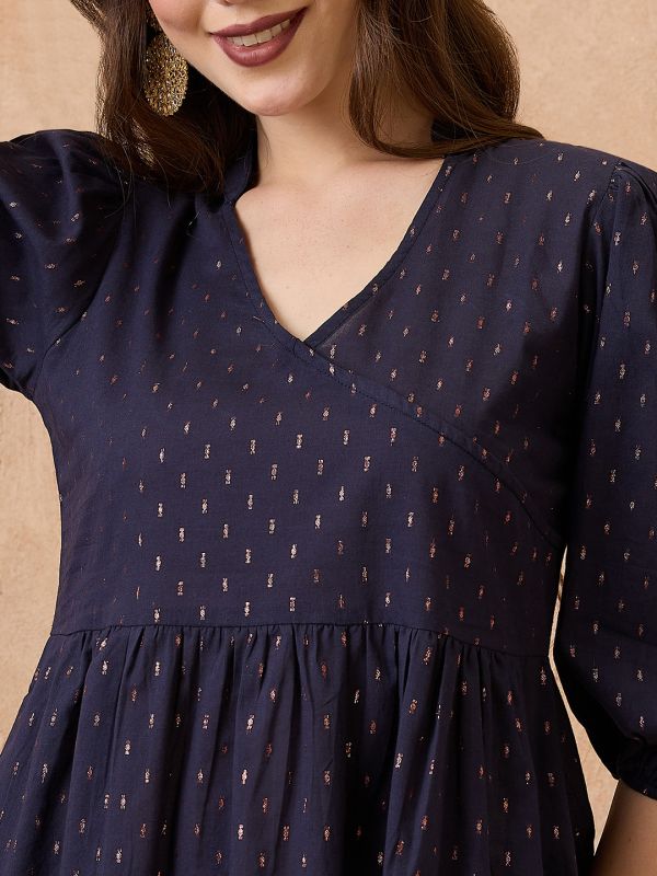 Globus Women Navy Blue V-Neck Bishop Sleeve Woven Design Tunic with Wide Leg Pants Festive Co-Ord Set