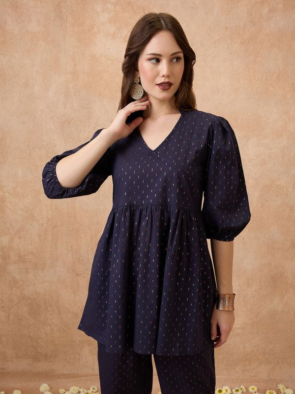 Globus Women Navy Blue V-Neck Bishop Sleeve Woven Design Tunic with Wide Leg Pants Festive Co-Ord Set
