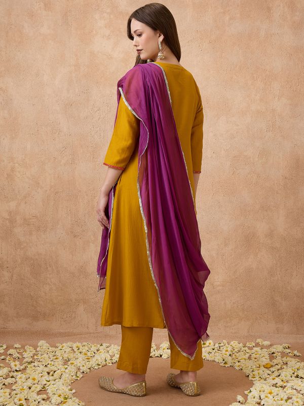 Globus Women Yellow Sequin Embroidered Yoke Gathered A-Line Kurta With Pant & Dupatta Festive set