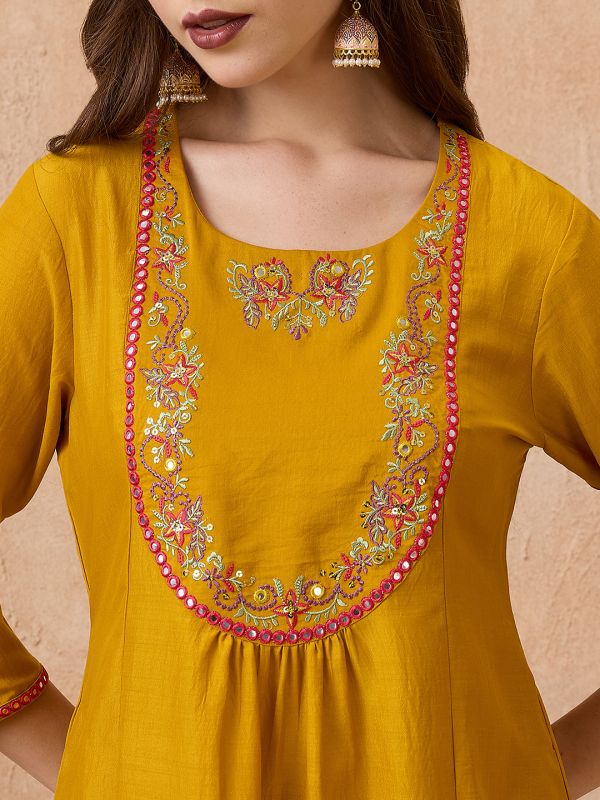 Globus Women Yellow Sequin Embroidered Yoke Gathered A-Line Kurta With Pant & Dupatta Festive set