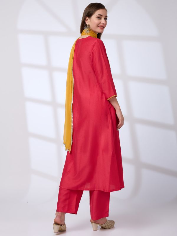 Globus Women Red Floral Embroidered Yoke Mirror Work Pleated A-Line Kurta With Pants & Sequinned Taping Dupatta Festive Set
