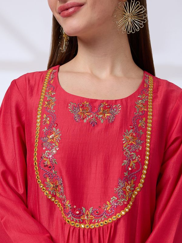 Globus Women Red Floral Embroidered Yoke Mirror Work Pleated A-Line Kurta With Pants & Sequinned Taping Dupatta Festive Set