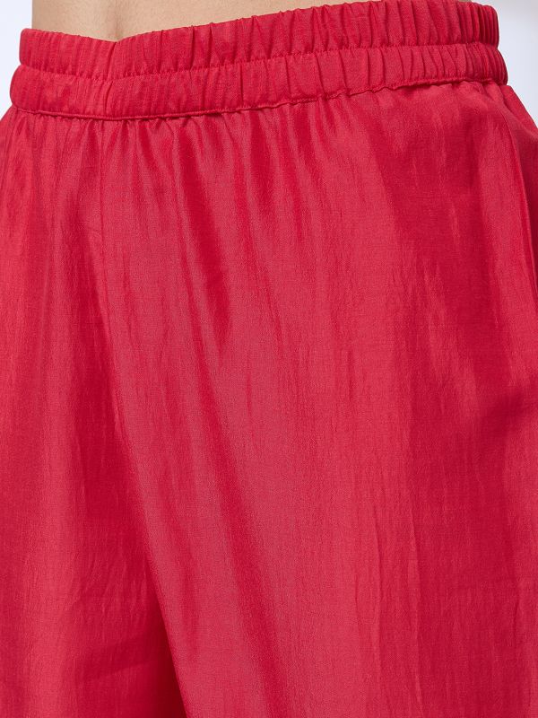 Globus Women Red Floral Embroidered Yoke Mirror Work Pleated A-Line Kurta With Pants & Sequinned Taping Dupatta Festive Set