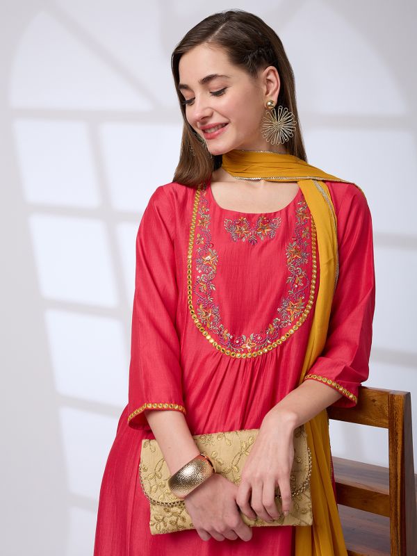 Globus Women Red Floral Embroidered Yoke Mirror Work Pleated A-Line Kurta With Pants & Sequinned Taping Dupatta Festive Set