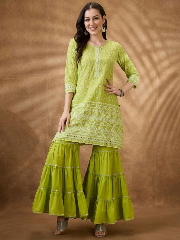 Globus Women Green Sequinned Embroidered Scalloped Hem Straight Kurta With Gotta Lace Gharara Festive Set