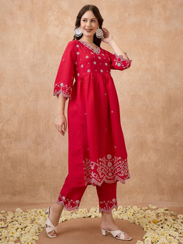 Globus Women Pink Floral Embroidered Work V-Neck Scalloped Hem A-Line Kurta With Pant Festive Set