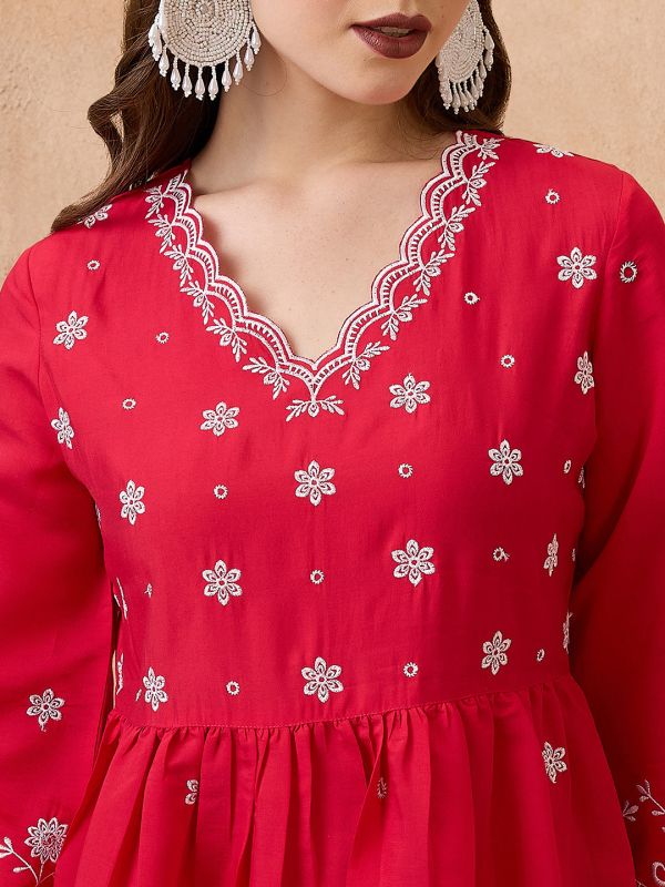 Globus Women Pink Floral Embroidered Work V-Neck Scalloped Hem A-Line Kurta With Pant Festive Set