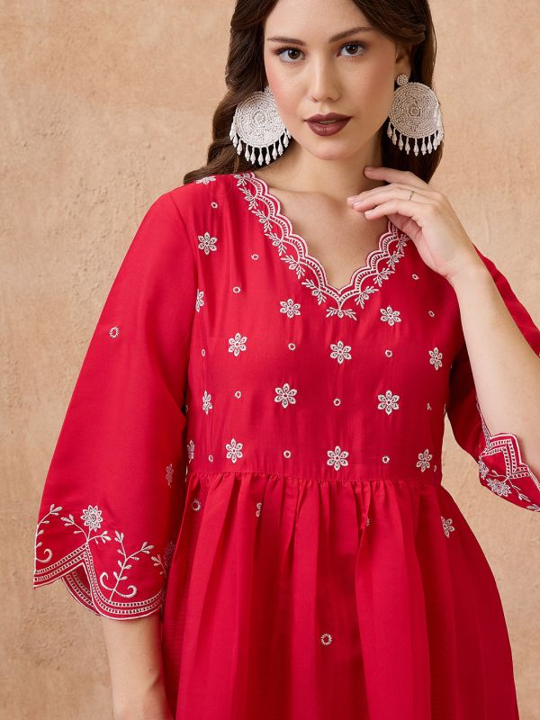 Globus Women Pink Floral Embroidered Work V-Neck Scalloped Hem A-Line Kurta With Pant Festive Set