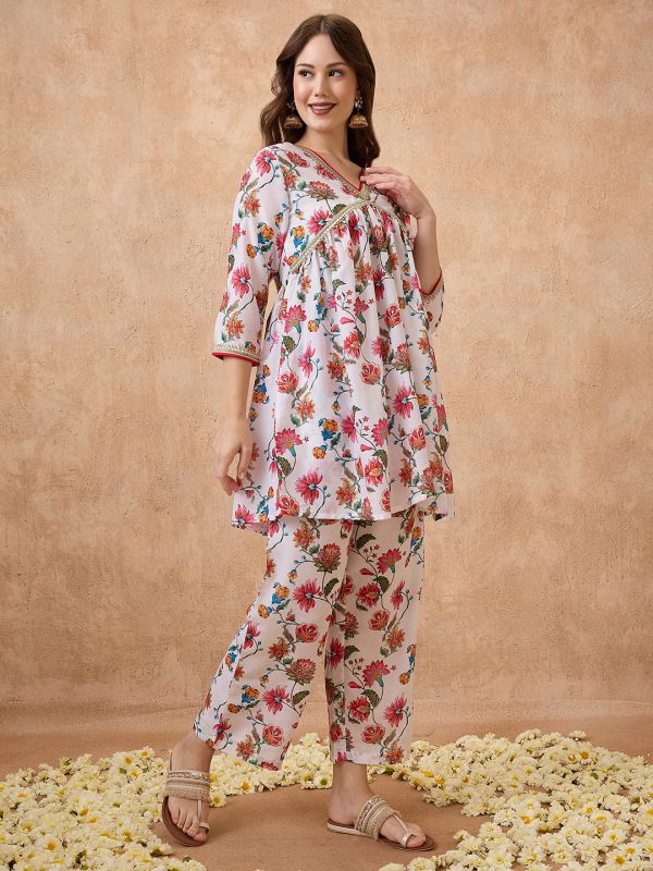 Globus Women White V-Neck Gotta Patti Floral Print Tunic with Wide Leg Pants Festive Co-Ord Set