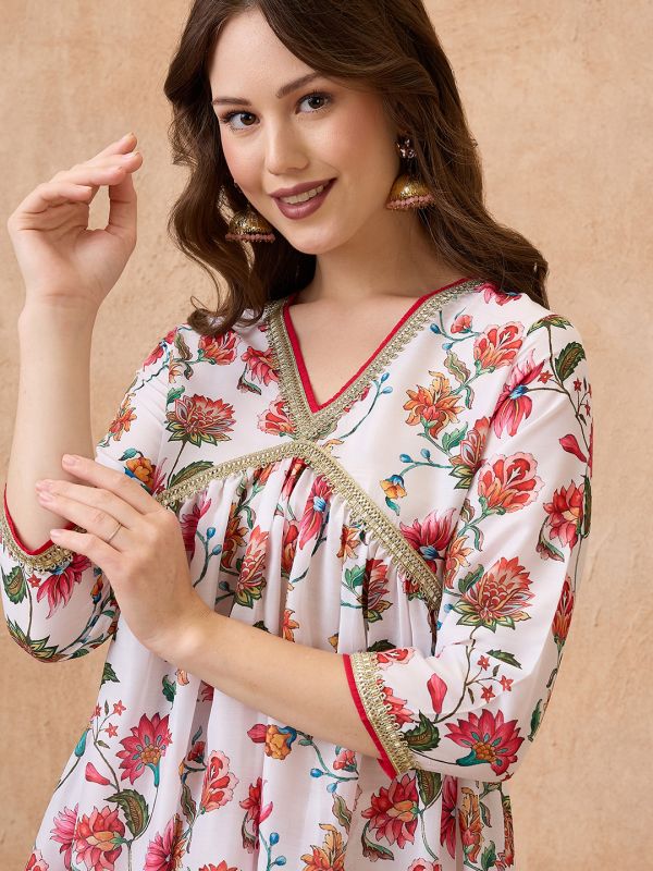 Globus Women White V-Neck Gotta Patti Floral Print Tunic with Wide Leg Pants Festive Co-Ord Set