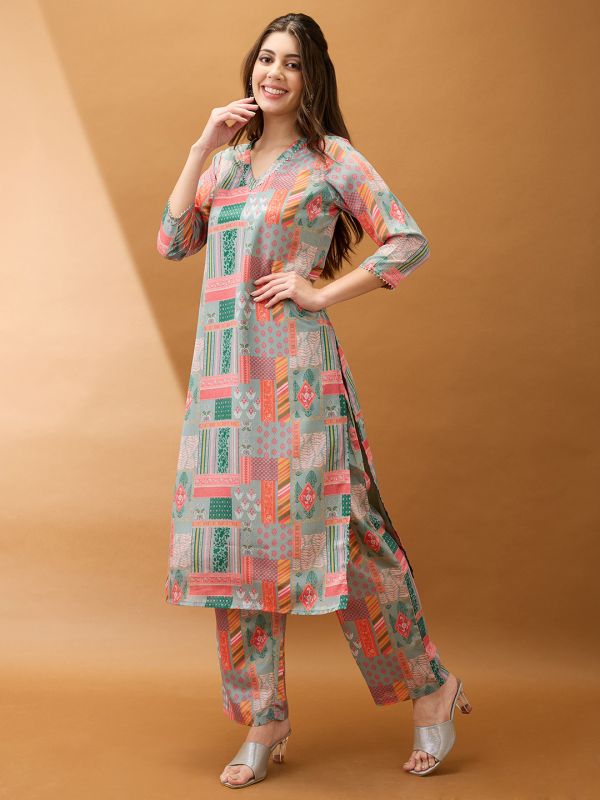 Globus Women Multicolor Floral Printed V-Neck Gotta Lace Straight Kurta With Pant Set