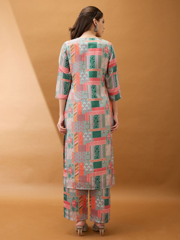 Globus Women Multicolor Floral Printed V-Neck Gotta Lace Straight Kurta With Pant Set