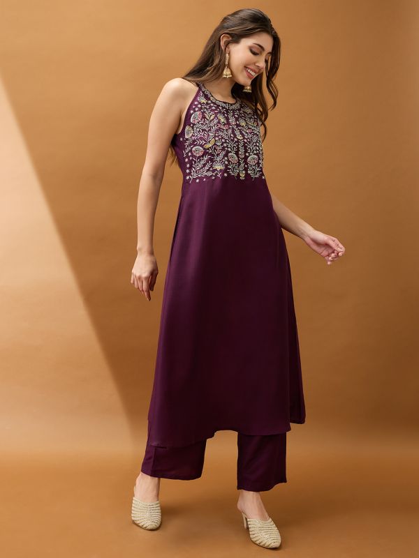 Globus Women Purple Floral Embroidered Yoke Halter Neck A-Line Kurta With Straight Pant Festive Set