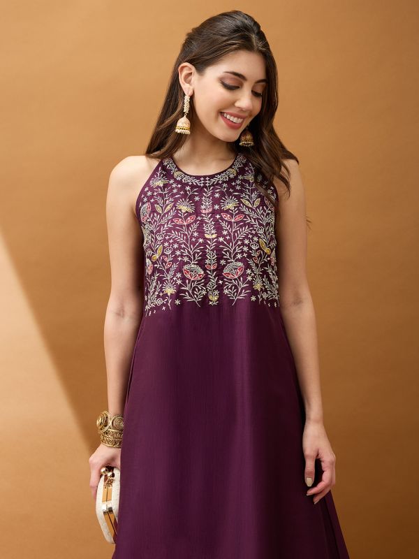 Globus Women Purple Floral Embroidered Yoke Halter Neck A-Line Kurta With Straight Pant Festive Set