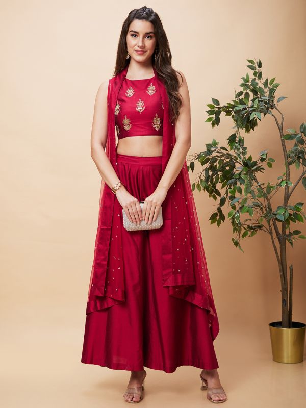 Globus Women Pink Festive Co-Ord Set with Embroidered Crop Top, Solid Palazzo and Sequinned Shrug